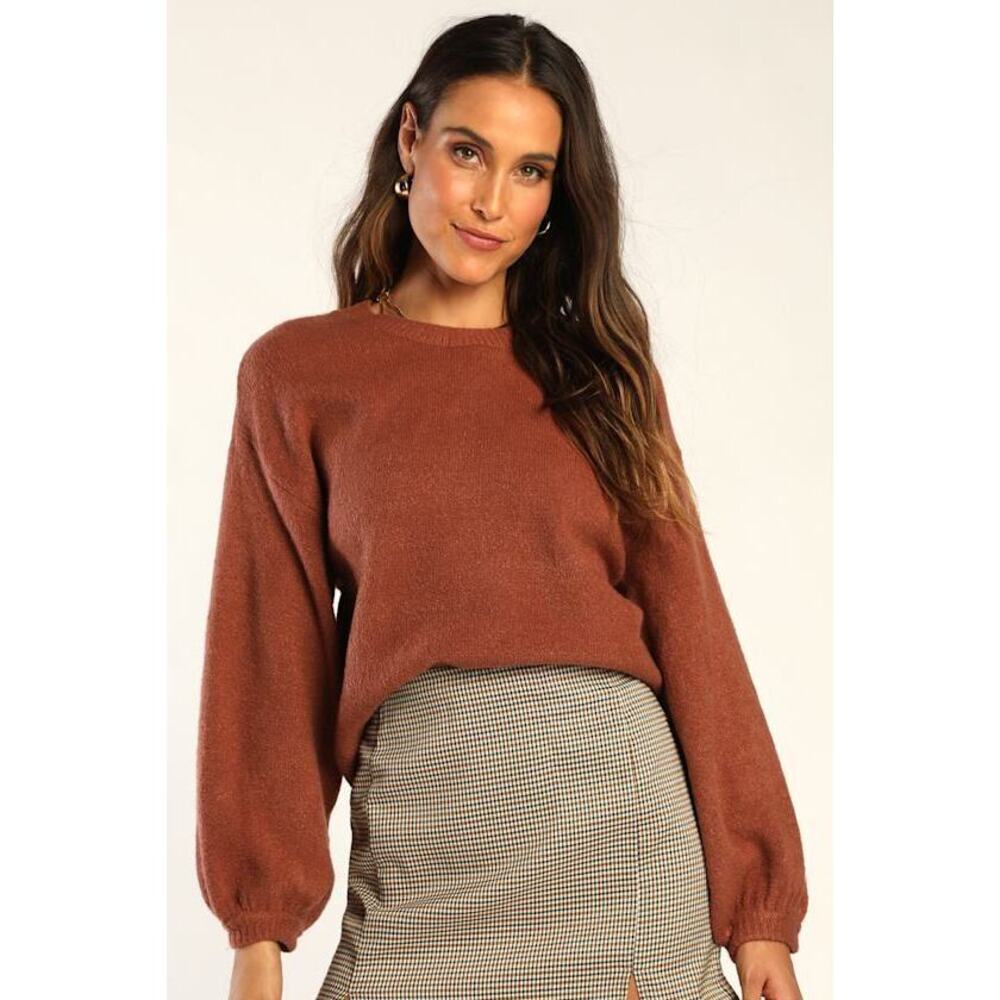 Lulus Bright Eyes Brown Balloon Sleeve Sweater Top - Size M